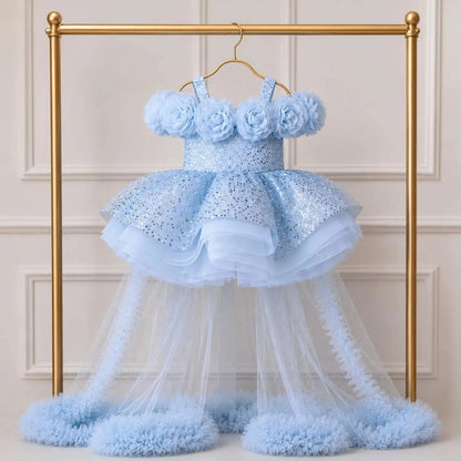 Custom Spaghetti Strap 3D Flower Sequin Tulle Short Dress With Train Luxury Women Wedding Guest Gown Girls Birthday Party