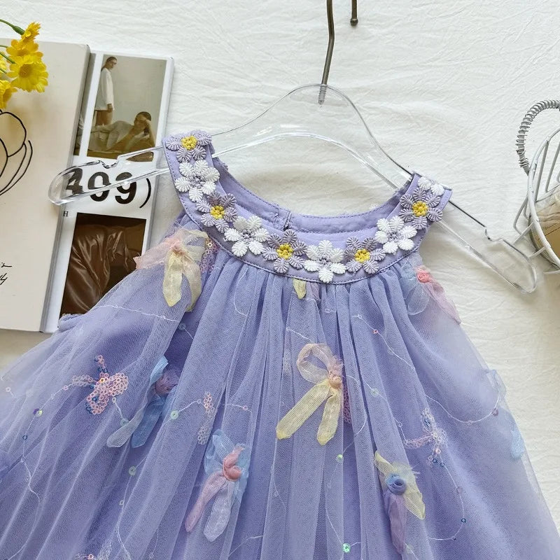Bow Mesh Girls Puffy Princess Dress