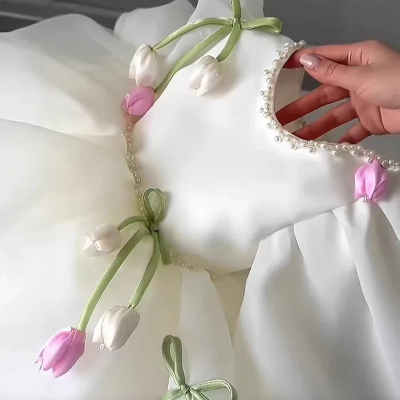 Luxury Dress Female Wedding Guest Gown Puff Sleeve Floral Tulle Kids Gown
