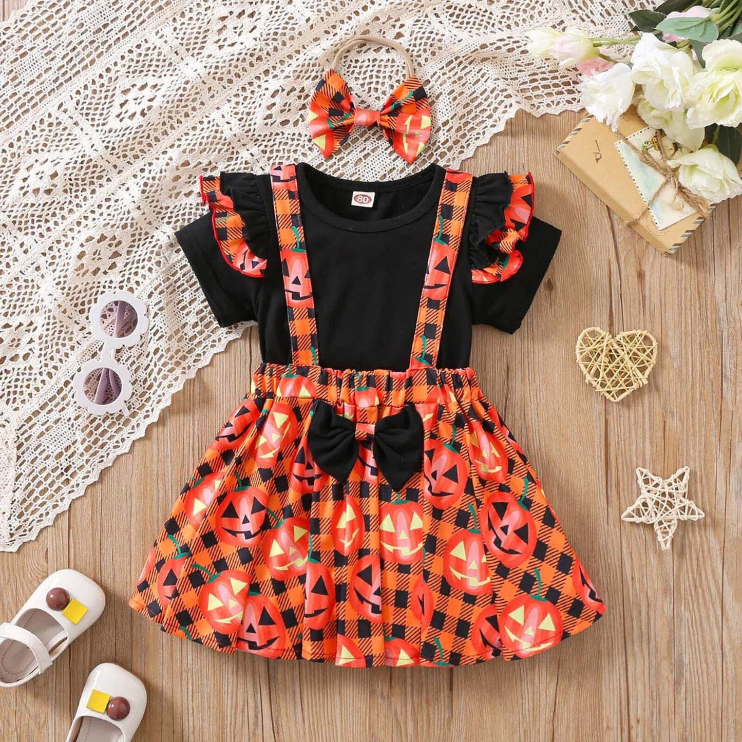 Conjunto de 3 piezas para niñas, ropa infantil con top de manga corta con vuelo, falda con tirantes y lazo para Halloween