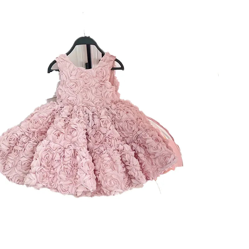 Girls Birthday Princess Dress High-End Dress Pink Three-Dimensional Flower Dress