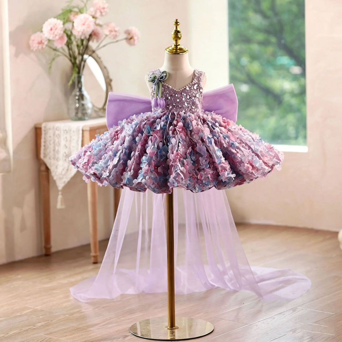 Princess Dress Girls Birthday V Neck Purple Floral Gown