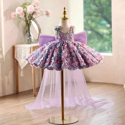 Princess Dress Girls Birthday V Neck Purple Floral Gown