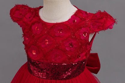 Flower Girl Dress 3D Rose Lace Tulle Sequin Waistband Princess