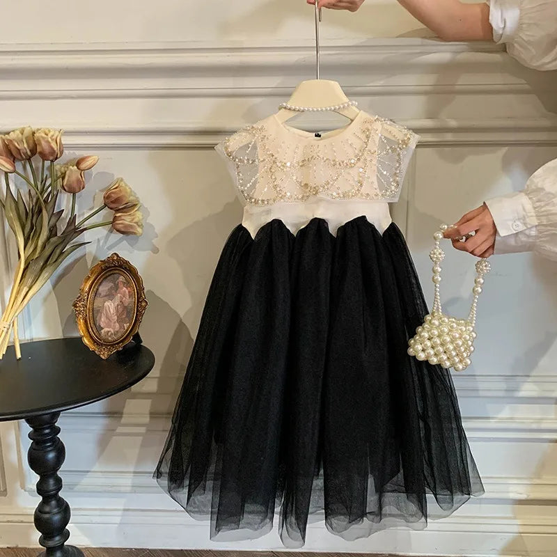 New Summer Square Collar Mesh Splicing Sleeveless Dress