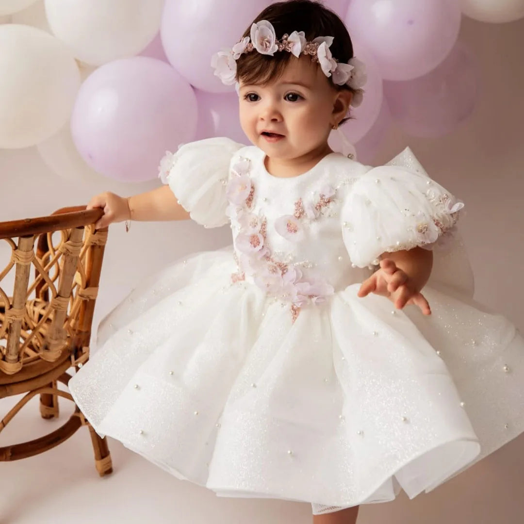 Flower Girl Dress White Floral Appliques With Bow Wedding Birthday