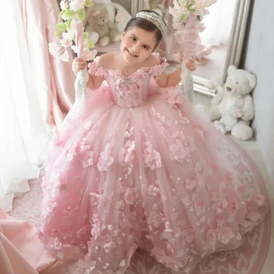 Pink 3d Applique Flower Wedding Birthday Party Dress