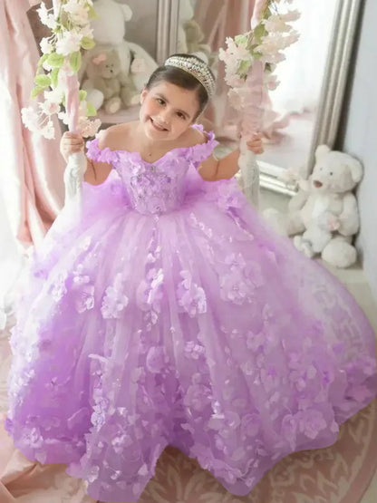 Pink 3d Applique Flower Wedding Birthday Party Dress
