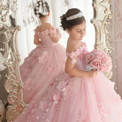 Pink 3d Applique Flower Wedding Birthday Party Dress