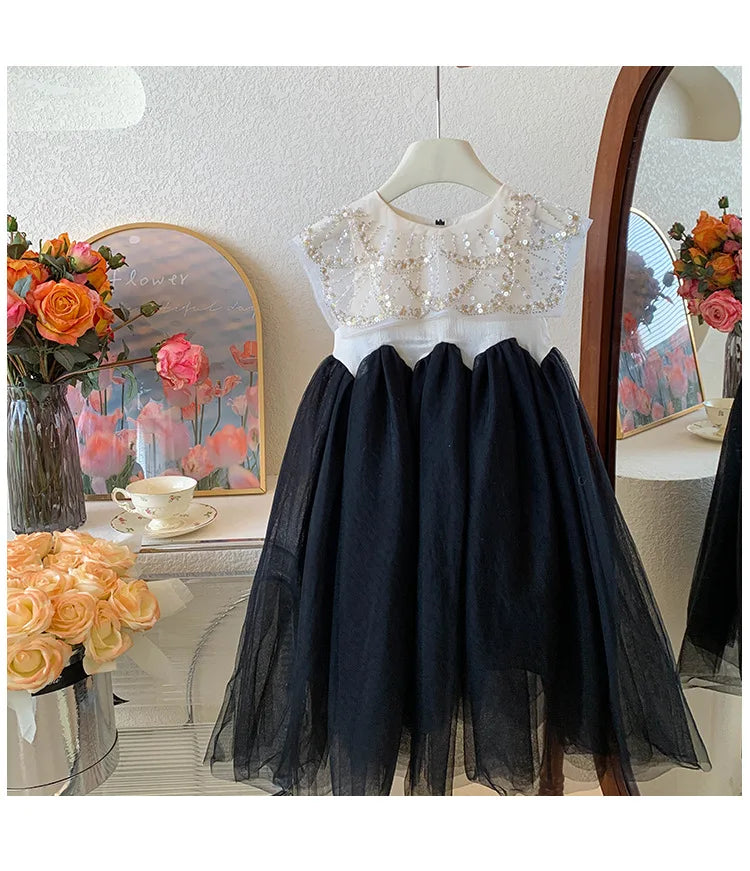 New Summer Square Collar Mesh Splicing Sleeveless Dress