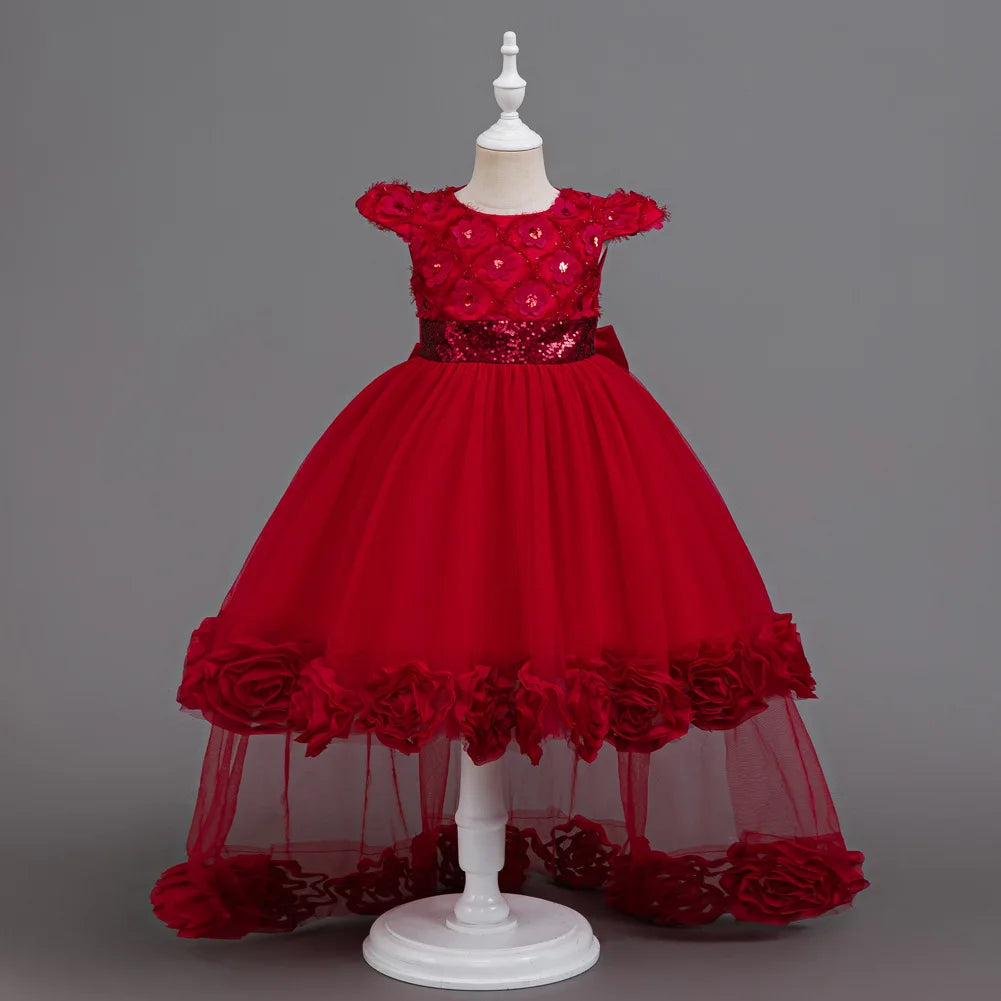 Flower Girl Dress 3D Rose Lace Tulle Sequin Waistband Princess