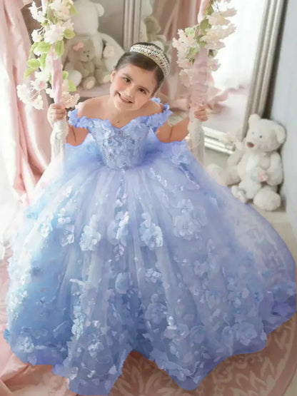 Pink 3d Applique Flower Wedding Birthday Party Dress