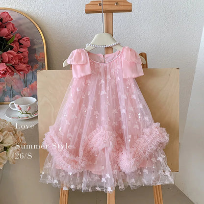 Sleeveless Flower Ruffles Butterfly Baby Girls Bows Dress