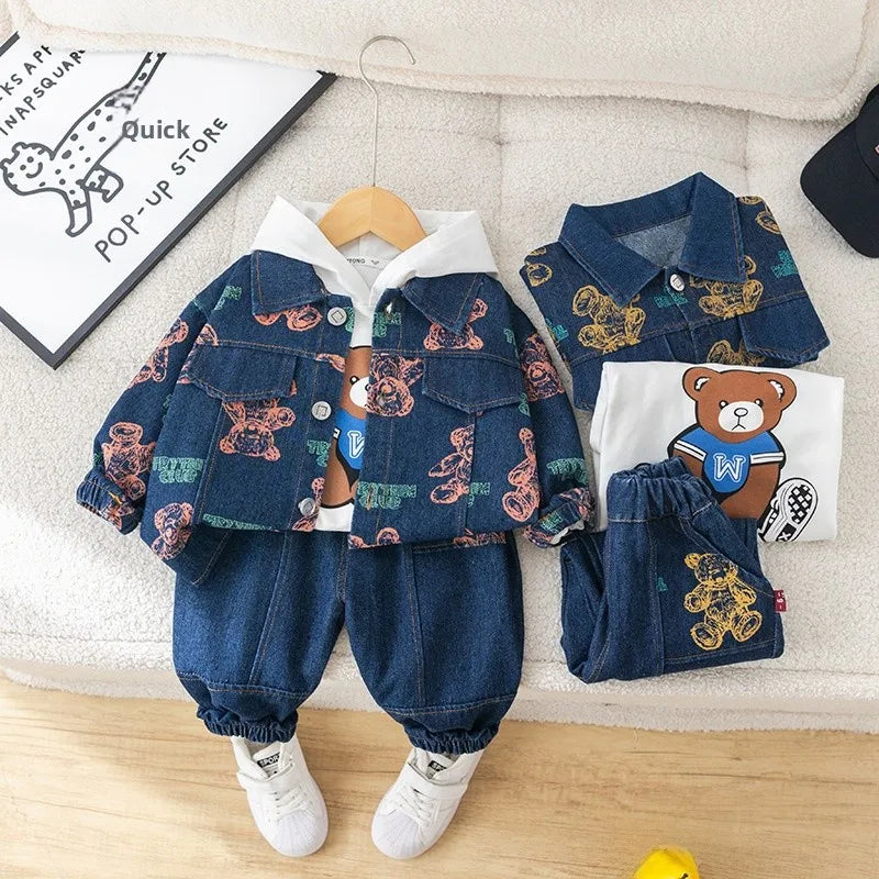 Spring Autumn Boys' Denim Long Sleeve Three-Piece Suit Casual Fashionable Children's Clothing Set Soft Cotton Baby Toddler Kids