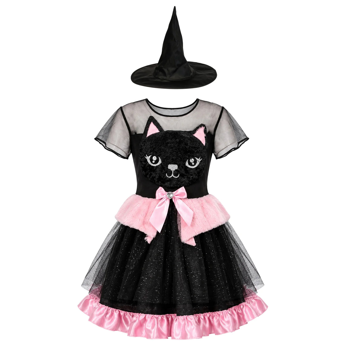 Kids Girls Cat Costume Short Sleeve  Mesh Tulle Dress