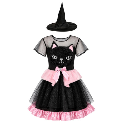 Kids Girls Cat Costume Short Sleeve  Mesh Tulle Dress
