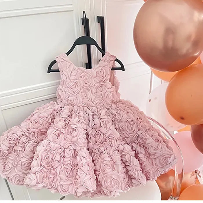 Girls Birthday Princess Dress High-End Dress Pink Three-Dimensional Flower Dress