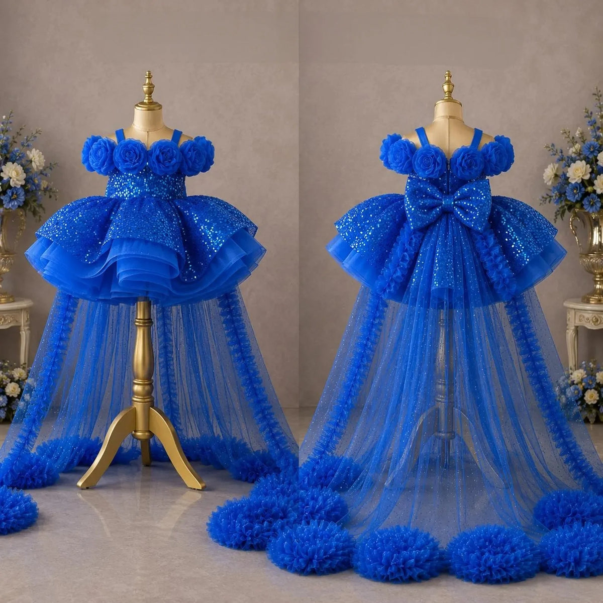 Custom Spaghetti Strap 3D Flower Sequin Tulle Short Dress With Train Luxury Women Wedding Guest Gown Girls Birthday Party