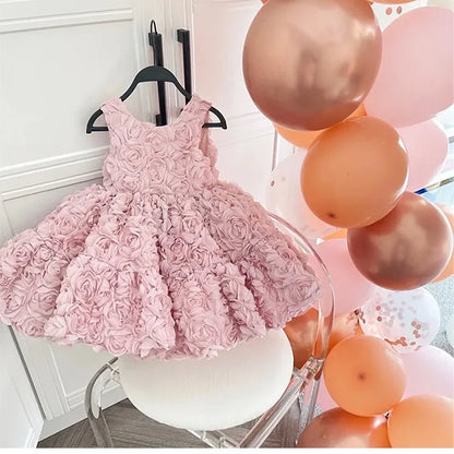 Girls Birthday Princess Dress High-End Dress Pink Three-Dimensional Flower Dress