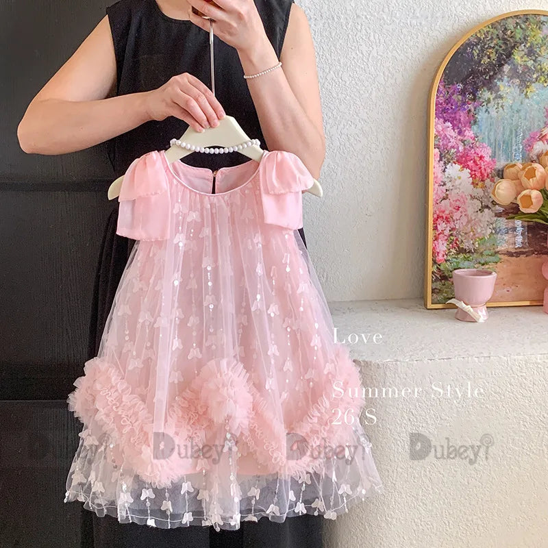 Sleeveless Flower Ruffles Butterfly Baby Girls Bows Dress