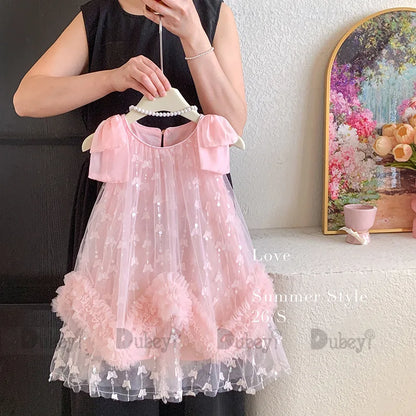 Sleeveless Flower Ruffles Butterfly Baby Girls Bows Dress