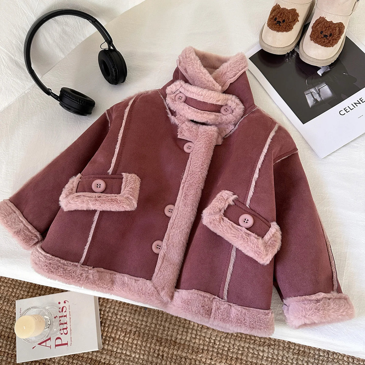 New Girls Jacket Thicken Warm Lapel Woolen Coat For 2-8 Years