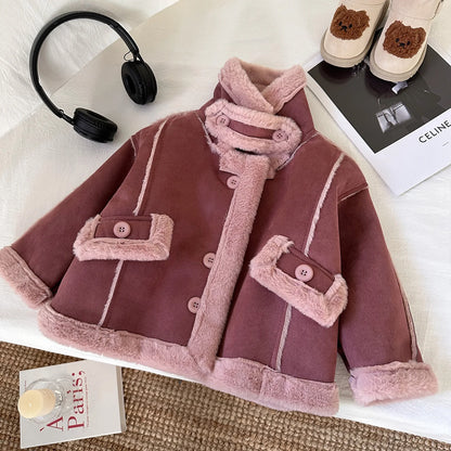 New Girls Jacket Thicken Warm Lapel Woolen Coat For 2-8 Years