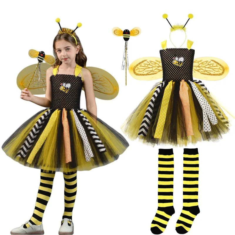 Cute Bee‑Pattern Tulle Tutu Dress for Girls