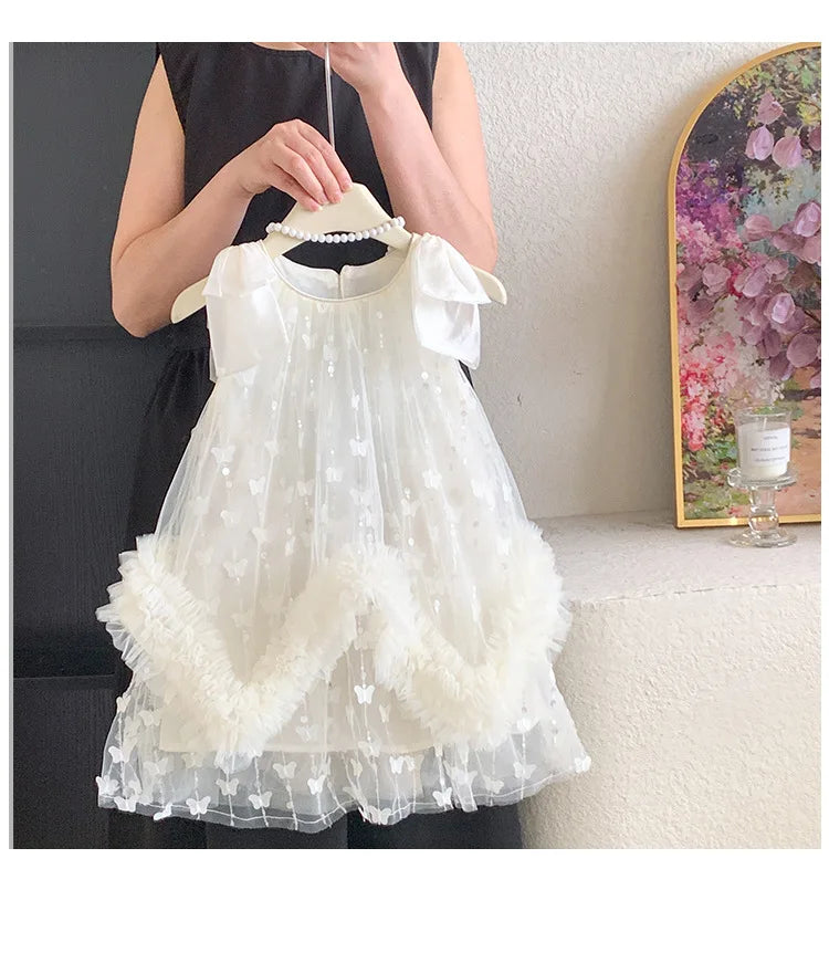 Sleeveless Flower Ruffles Butterfly Baby Girls Bows Dress