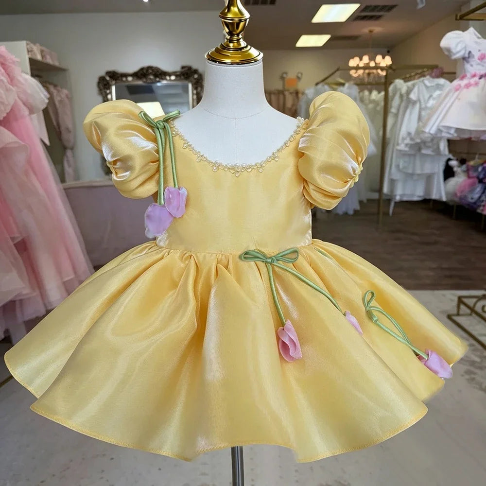 Luxury Dress Female Wedding Guest Gown Puff Sleeve Floral Tulle Kids Gown