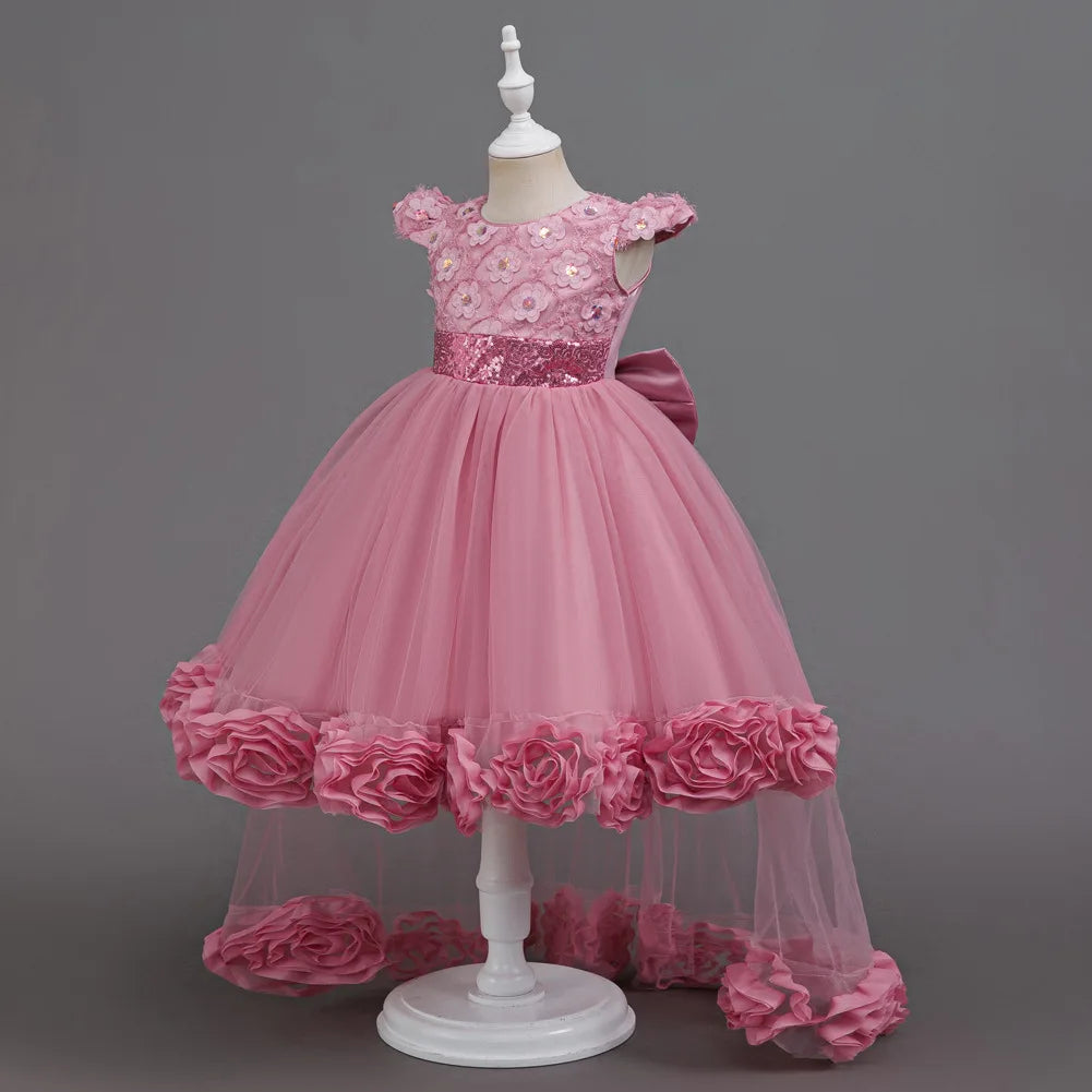 Flower Girl Dress 3D Rose Lace Tulle Sequin Waistband Princess