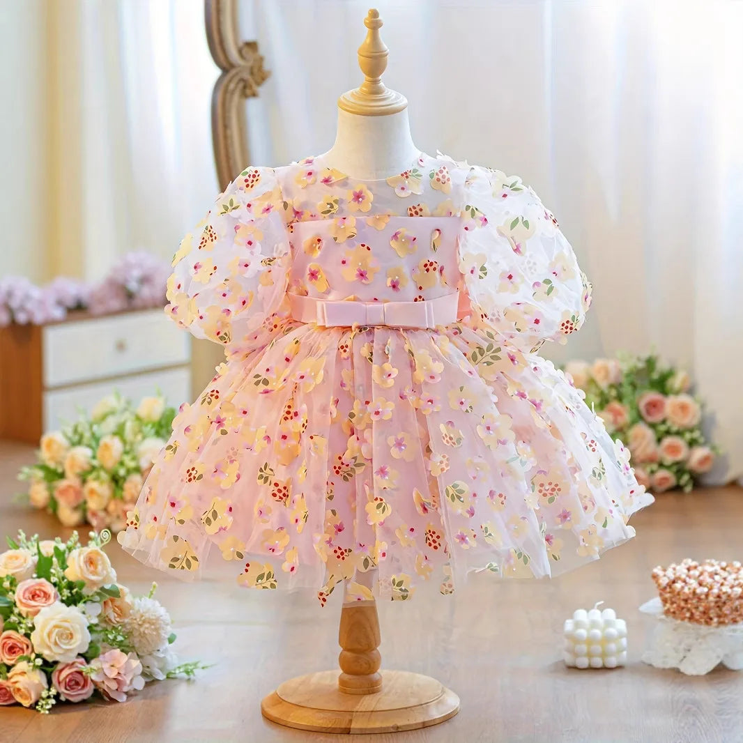 Toddler Girl Baptism Party Dresses Elegant Puff Sleeve