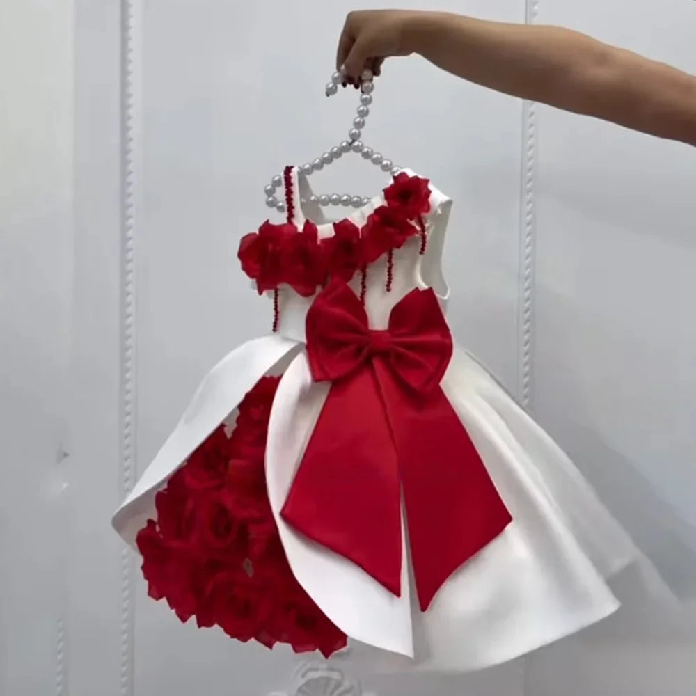High End Handmade 3D Floral Rose Bow Flower Girl Dress