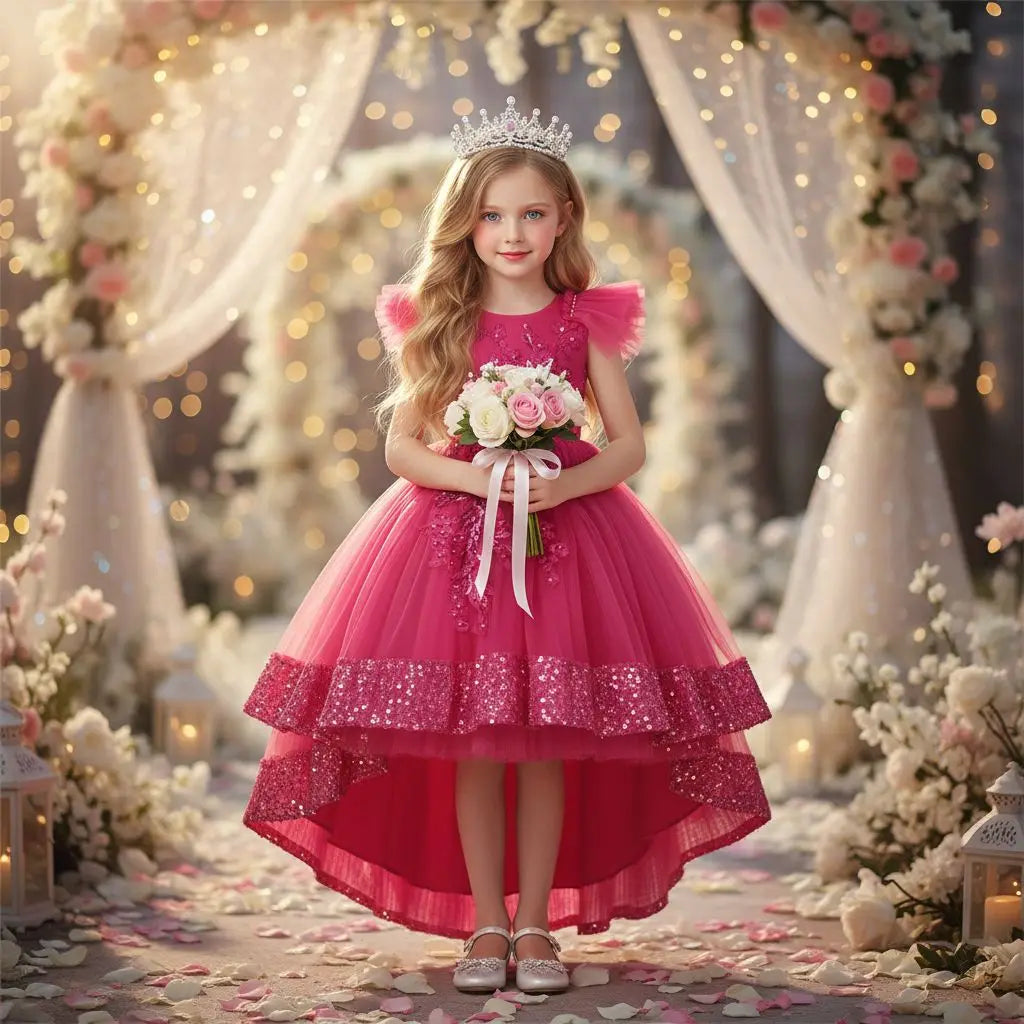 Girls Princess Dress Children's Wedding Flower Girl Mesh Sequin