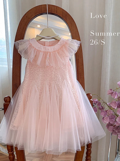 Sleeveless Mesh  Children's Pink Birthday Princess Dress