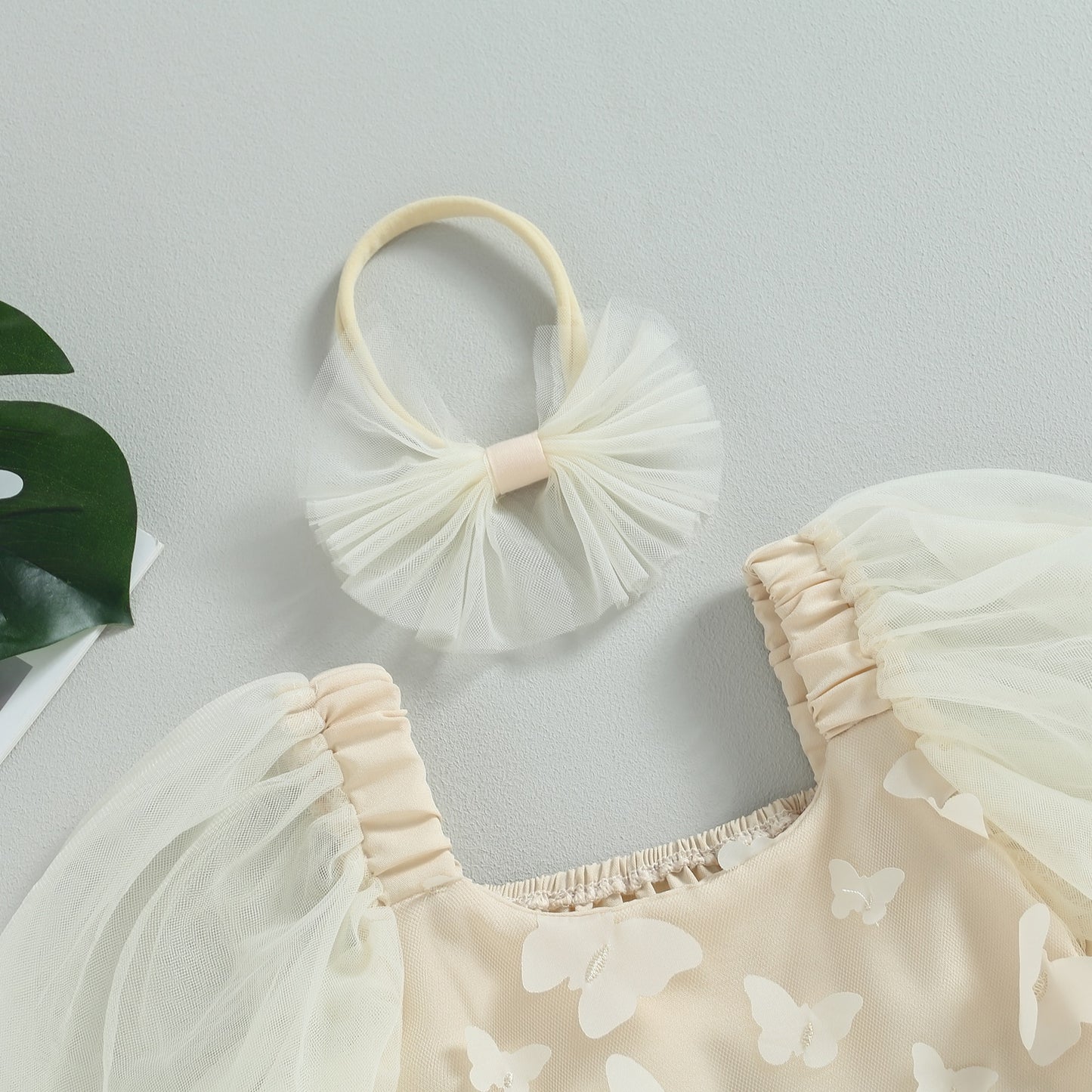 Vestido infantil mariposa beige + Diadema