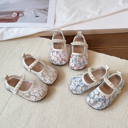 Pink Blue Floral Embroidery Mesh Ballet Flat Lace Ballerina Shoe