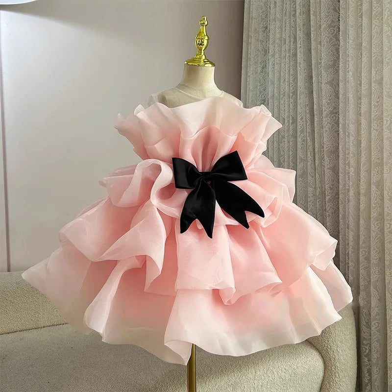Girls'  Birthday Show Host Piano Performance Bow Princess Dress