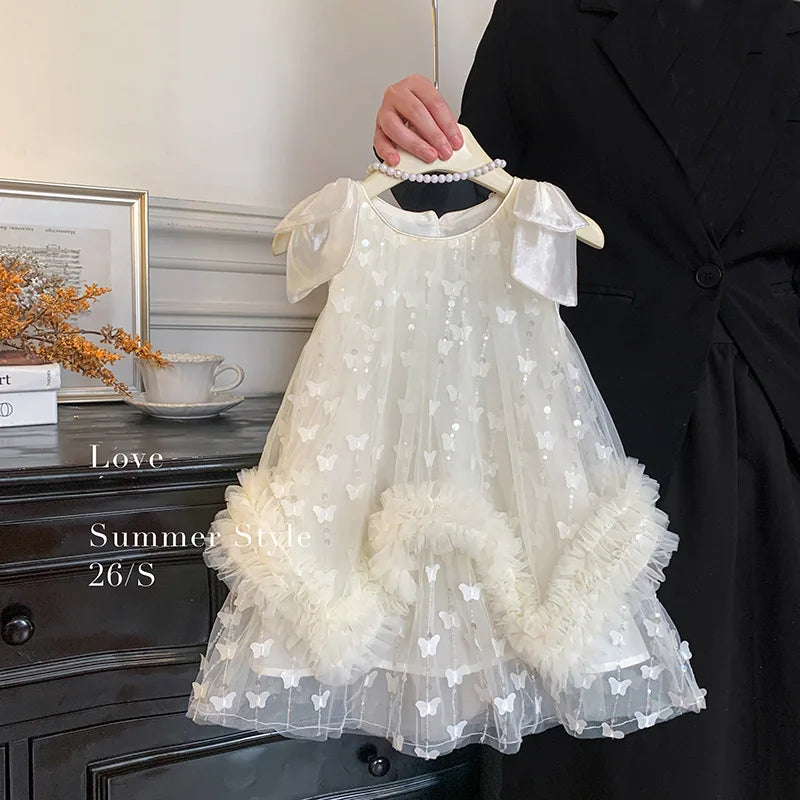Sleeveless Flower Ruffles Butterfly Baby Girls Bows Dress