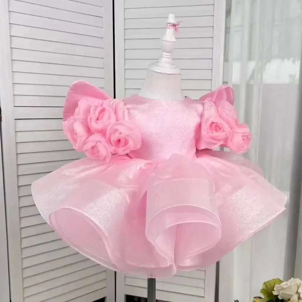 3D Flower Puff Sleeve Fluffy Tutu Dress