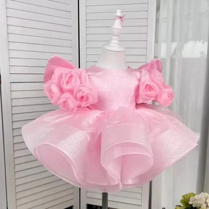3D Flower Puff Sleeve Fluffy Tutu Dress