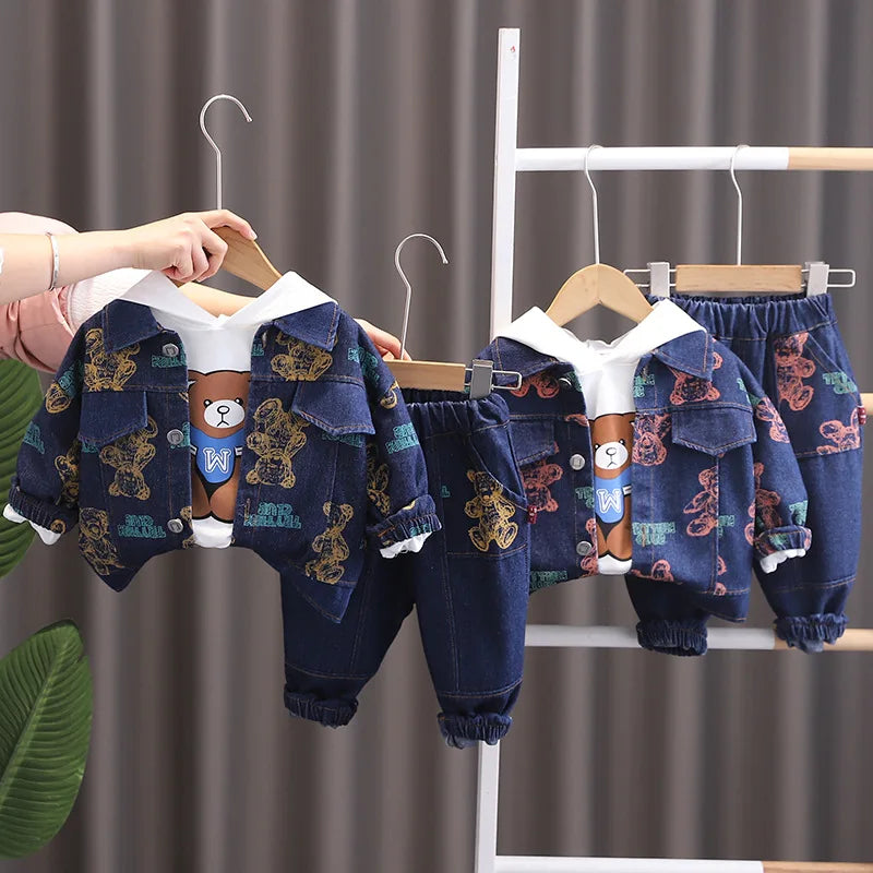 Spring Autumn Boys' Denim Long Sleeve Three-Piece Suit Casual Fashionable Children's Clothing Set Soft Cotton Baby Toddler Kids