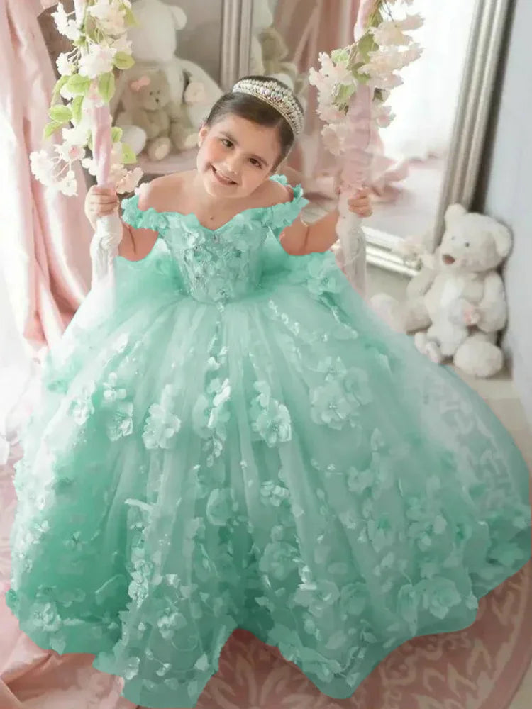 Pink 3d Applique Flower Wedding Birthday Party Dress