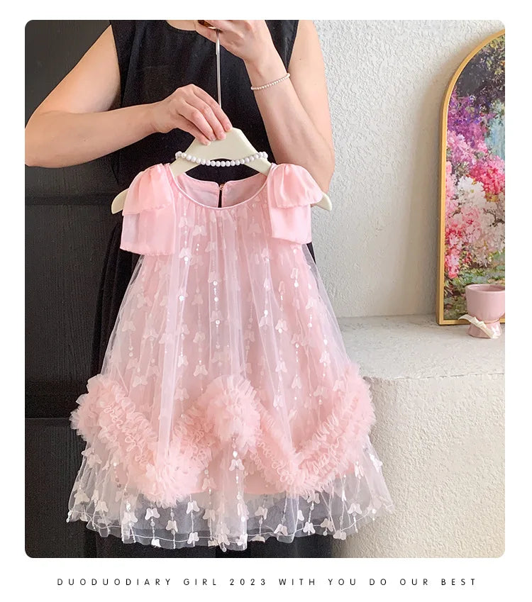 Sleeveless Flower Ruffles Butterfly Baby Girls Bows Dress