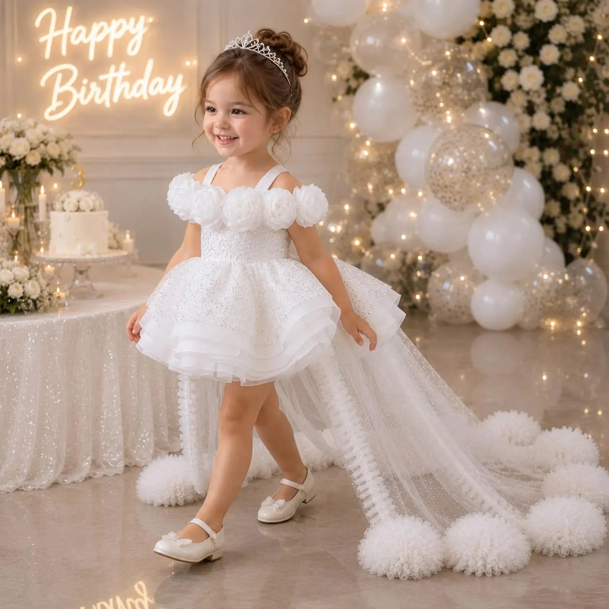 Custom Spaghetti Strap 3D Flower Sequin Tulle Short Dress With Train Luxury Women Wedding Guest Gown Girls Birthday Party