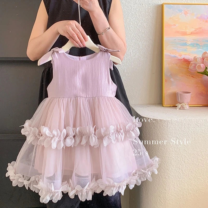 Sleeveless Bow Ruffle Birthday Wedding Flower Girl Tutu Dresses