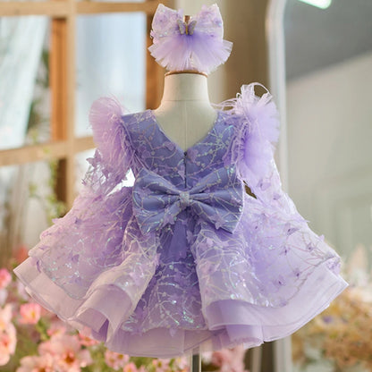 Purple Flower Girl Dress Sequin Puffy Appliques With Bow Communion Gown
