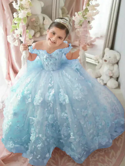 Pink 3d Applique Flower Wedding Birthday Party Dress