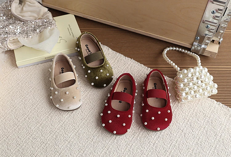 Pearl Girls Flats Shoes Solid Velvet Shallow Elastic Kids Princess Shoes