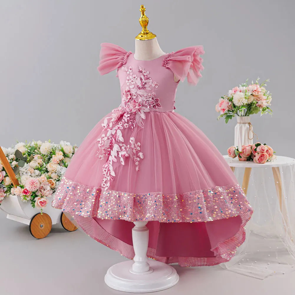 Girls Princess Dress Children's Wedding Flower Girl Mesh Sequin